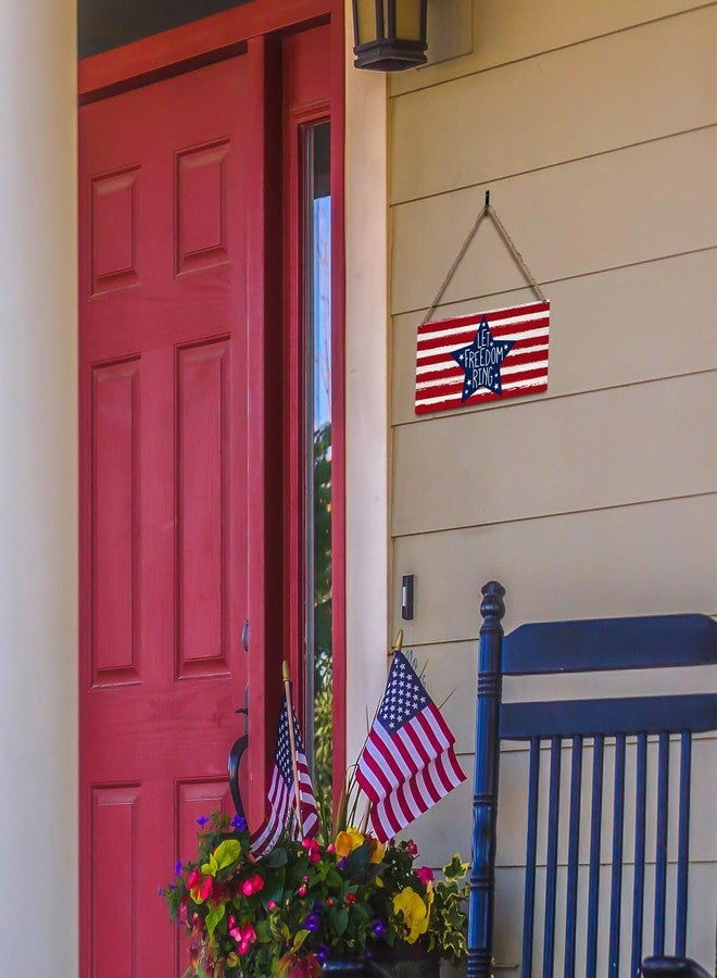 JXREQ 4th of July Decorations Door Sign, Patriotic Wall Decor, Let Freedom Ring Independence Day Decor, Rustic Hanging Wooden Plaque with Rope for Front Door Porch Decor, 12x6 Inch - Image 5
